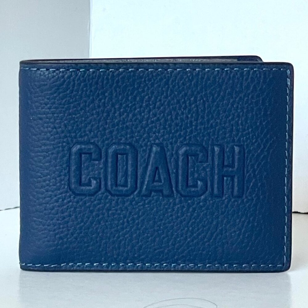 Coach Slim Billfold Wallet Deep Blue Graphic Pebbled Leather Mens CZ062